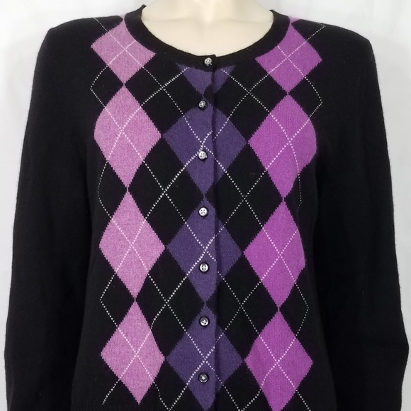 Apt. 9 black purple argyle Cashmere cardigan Large - Picture 2 of 8